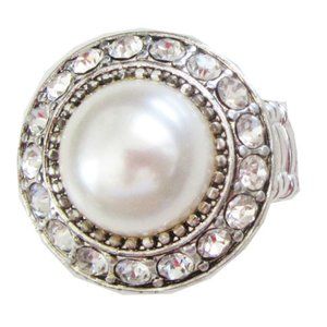 PD-73 Premier Designs Jewelry Faux Pearl Rhinestone Stretch Ring in Silver